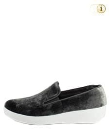 Graue FitFlop Slipper Schuhe aus Samt für Damen, Superskate Loafer Schlupfhalbschuh, grau.