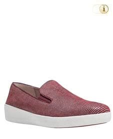 Rote FitFlop Slipper Schuhe für Damen, Superskate Loafer Schlupfhalbschuh mit Eidechsenprägung, rot.