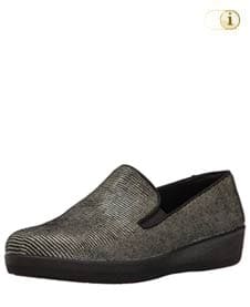 Graue FitFlop Slipper Schuhe für Damen, Superskate Loafer Schlupfhalbschuh mit Eidechsenprägung, grau.