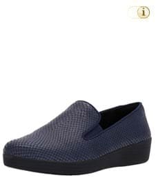 Blaue FitFlop Slipper Schuhe für Damen, Superskate Loafer Schlupfhalbschuh mit Eidechsenprägung, blau.