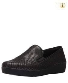 Schwarze FitFlop Slipper Schuhe für Damen, Superskate Loafer Schlupfhalbschuh mit Eidechsenprägung, schwarz.