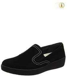 Schwarze FitFlop Slipper Schuhe für Damen, Superskate Loafer Schlupfhalbschuh mit Ziernieten, schwarz.
