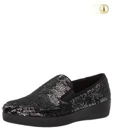 Schwarze FitFlop Slipper Schuhe für Damen, Superskate Loafer Schlupfhalbschuh mit Pailletten, schwarz.