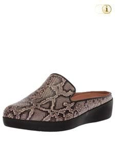 Braune FitFlop Slipper Schuhe für Damen, Loafer Schlupfhalbschuh mit Python-Print und niedriger Hinterkappe, braun.