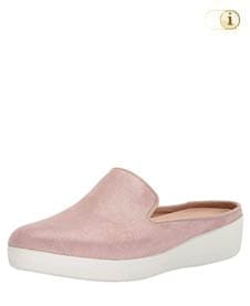 Rosa FitFlop Slipper Schuhe für Damen, Loafer Schlupfhalbschuh aus schimmerndem Walkleder mit niedriger Hinterkappe, rosé.