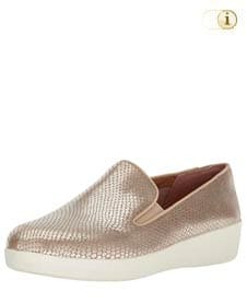 Silberne FitFlop Slipper Schuhe für Damen, Superskate Loafer Schlupfhalbschuh mit Schlangenprägung, silber.