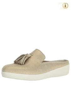 Beige FitFlop Slipper Schuhe für Damen, Loafer Schlupfhalbschuh mit Quasten, Hahnentritt-Rapport und niedriger Hinterkappe, beige.