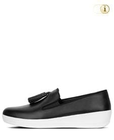 Schwarze FitFlop Slipper Schuhe für Damen, Loafer Schlupfhalbschuh mit Quasten, schwarz.