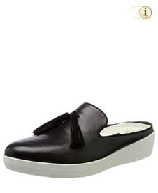 Schwarze FitFlop Slipper Schuhe für Damen, Loafer Schlupfhalbschuh mit Quasten und niedriger Hinterkappe, schwarz.