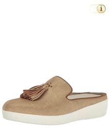 Goldbraune FitFlop Slipper Schuhe für Damen, Loafer Schlupfhalbschuh mit Quasten, Hahnentritt-Rapport und niedriger Hinterkappe, goldbraun.