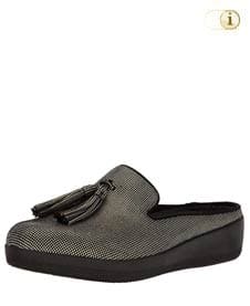 Graue FitFlop Slipper Schuhe für Damen, Loafer Schlupfhalbschuh mit Quasten, Hahnentritt-Rapport und niedriger Hinterkappe, silbergrau.