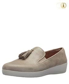 Helle FitFlop Slipper Schuhe für Damen, Loafer Schlupfhalbschuh aus schimmerndem Walkleder mit Quasten, taupe.