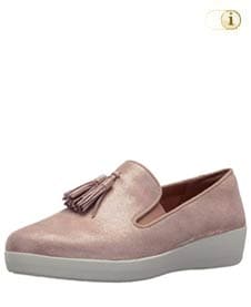 Rosa FitFlop Slipper Schuhe für Damen, Loafer Schlupfhalbschuh aus schimmerndem Walkleder mit Quasten, rosé.