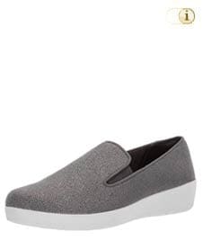 Graue FitFlop Slipper Schuhe für Damen, Superskate Loafer Schlupfhalbschuh aus atmungsaktiven, federleichtem, elastischen Nylonstrickgewebe, grau.