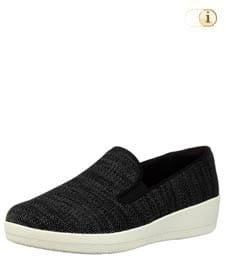 Schwarze FitFlop Slipper Schuhe für Damen, Superskate Loafer Schlupfhalbschuh aus atmungsaktiven, federleichtem, elastischen Nylonstrickgewebe, schwarz.